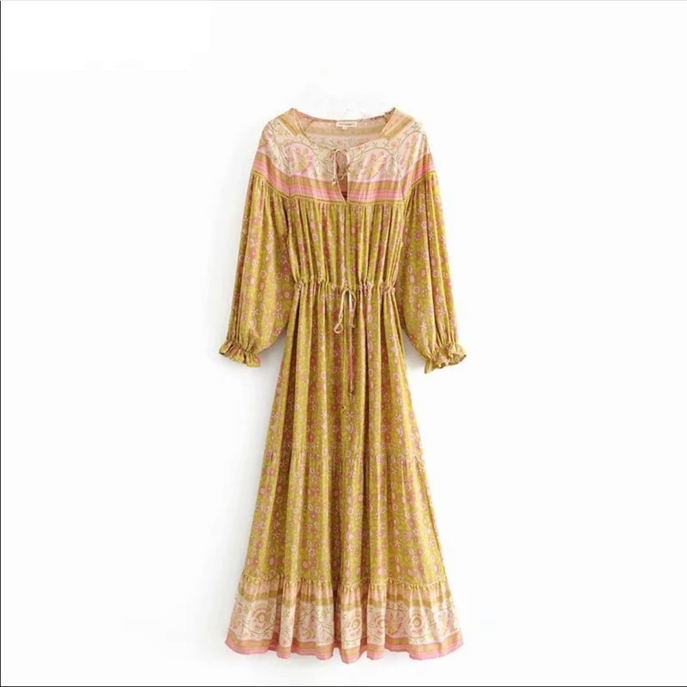 Boho Gypsy Dahlia Floral Gown Peasant Dress bronze mustard smocked free spirit